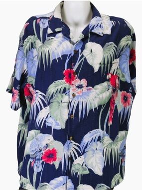 Mens Caribbean Silk Blend Hawaiian Shirt 3XB Navy Parrot Floral Camp Collar